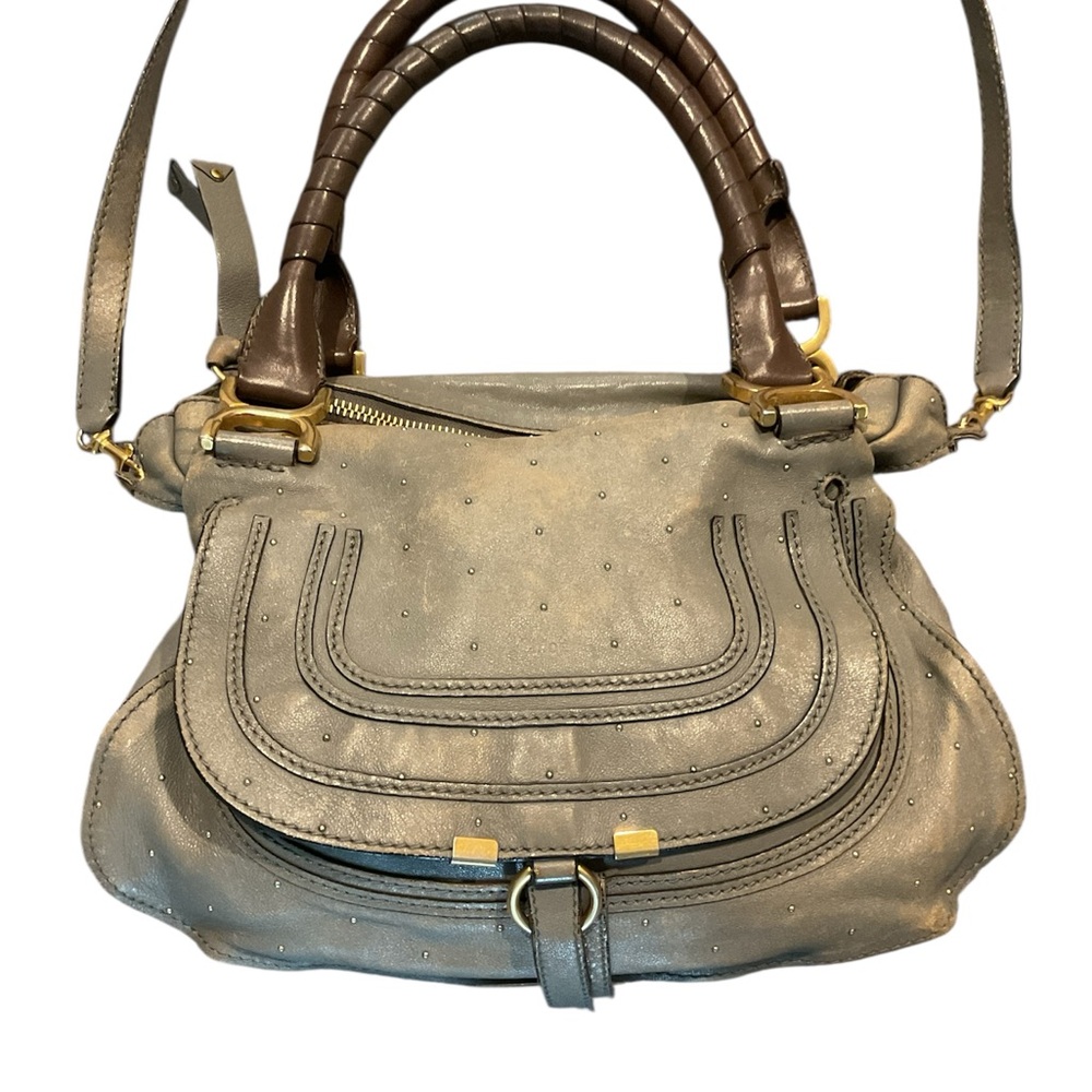 Chloe Marcie Gray Leather Studded Flap Shoulder Crossbody Bag Dress Purse Y2K